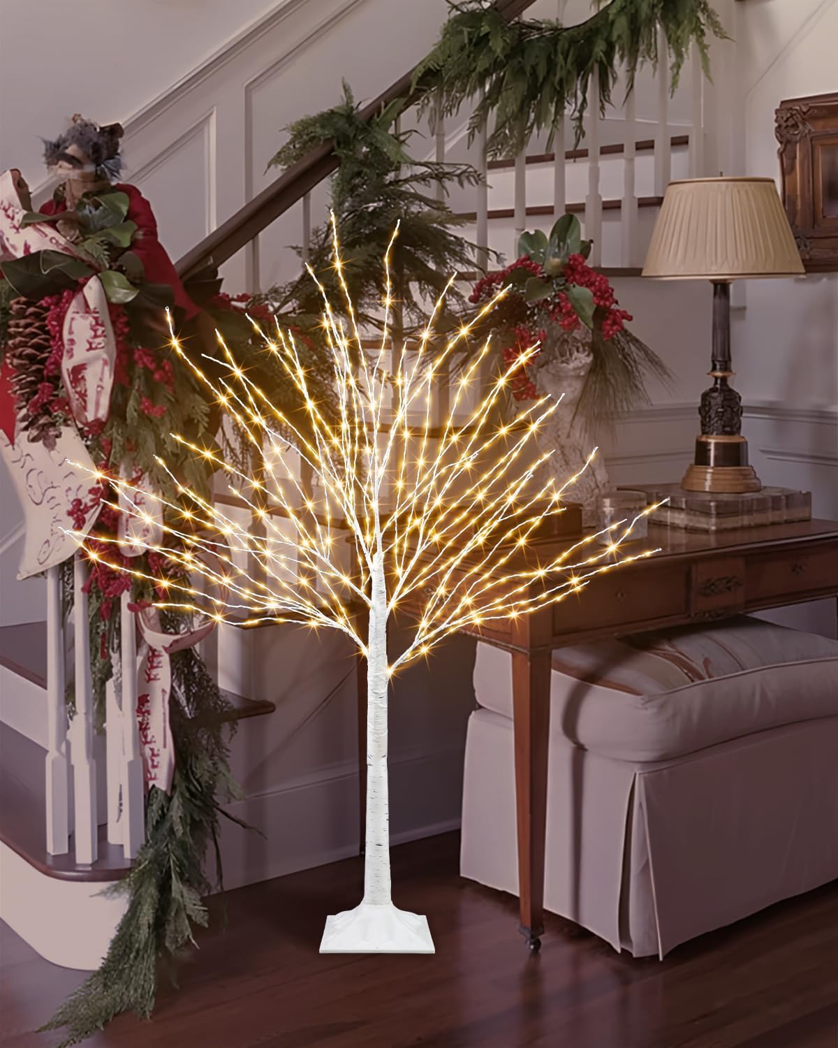 4 FT Lighted Birch Tree, White Birch Tree with 432 LED Lights Artificial Light Up Birch Twig Christmas Tree with Timer for Home Porch Yard Mantel Outdoor Indoor Party Decor