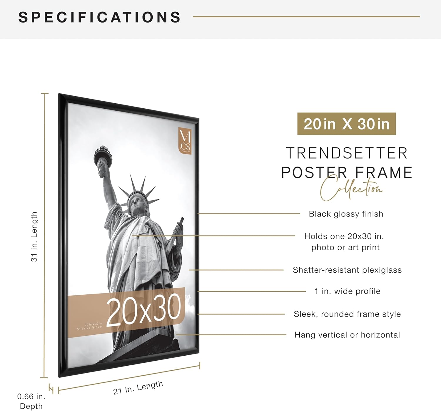 MCS Trendsetter 20x30 Poster Frame Black High-Gloss, Vertical & Horizontal Wall Hanging Large Picture Frame for Photos, Posters & Art Prints (1-Pack)