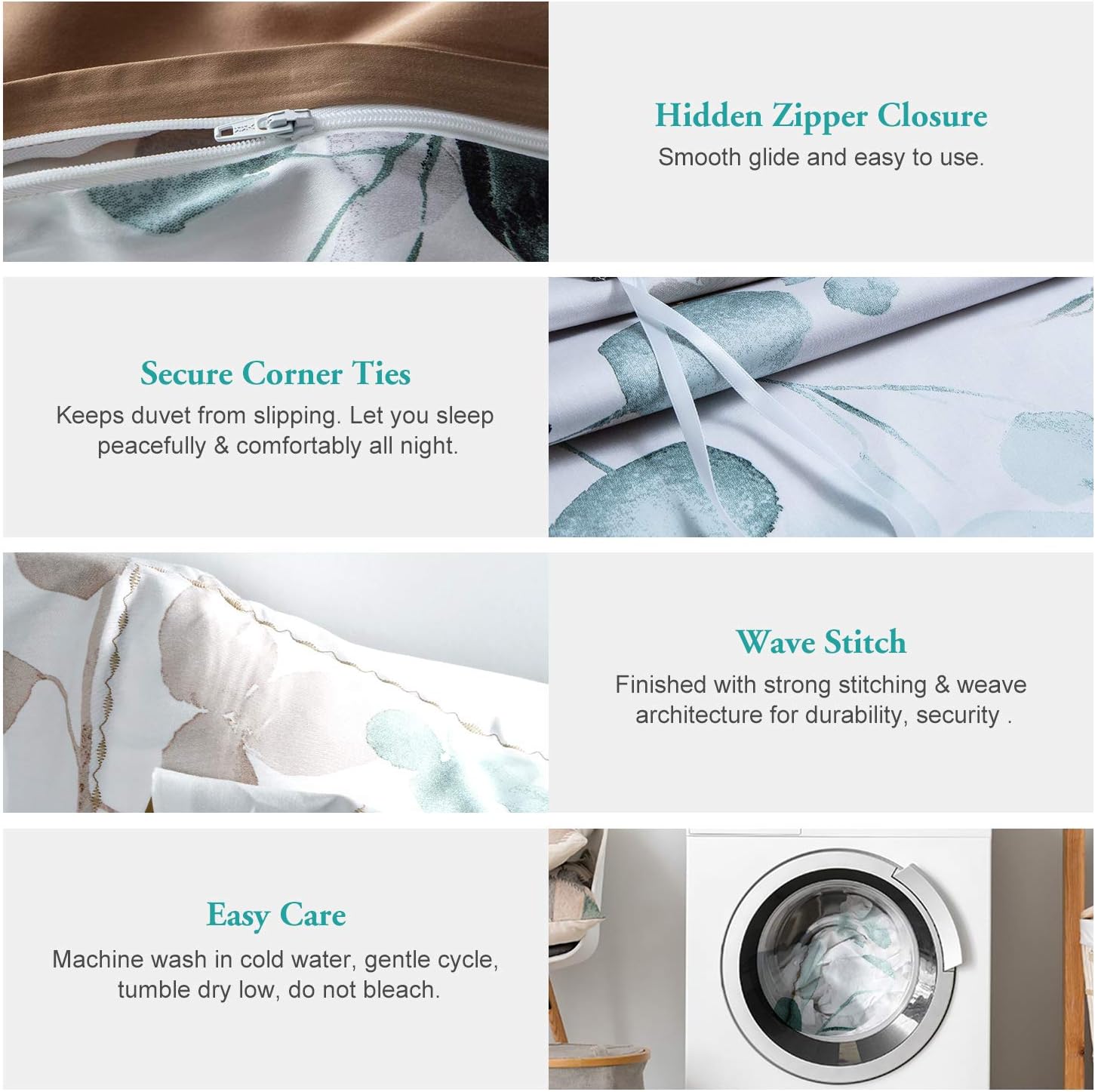 MILDLY 100% Long-Staple Cotton Duvet Cover Set Teal Blue Green Leaf Pattern Printed Comforter Cover 3pcs, Ultra Soft & Breathable Bedding Set