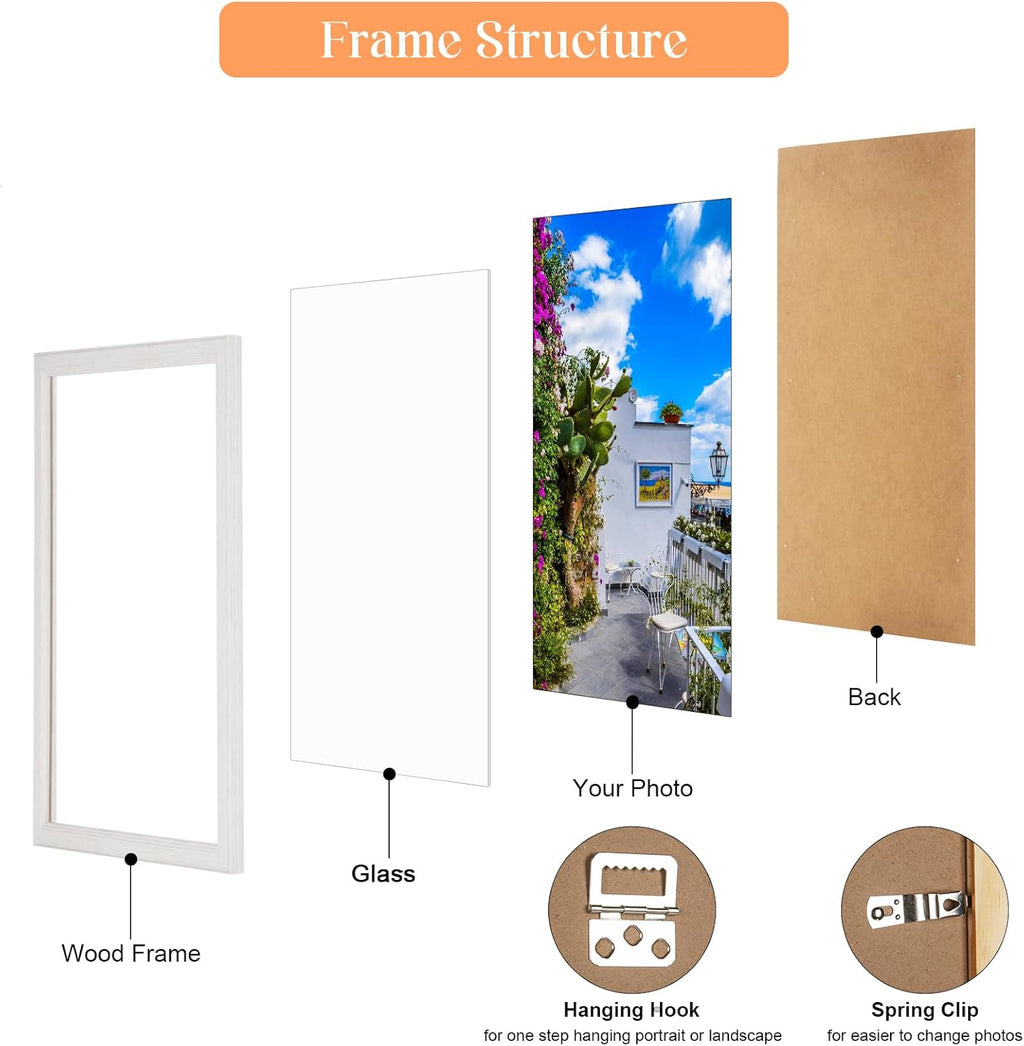 8x10 Wood Frame White, Natural Woodgrain 10x8in Picture Frame, Rustic Wooden 8 x 10 inch Gallery Photo Poster Frame with HD Plexiglass, Horizontal Vertical Wall Mounting Tabletop Display 1Pcs