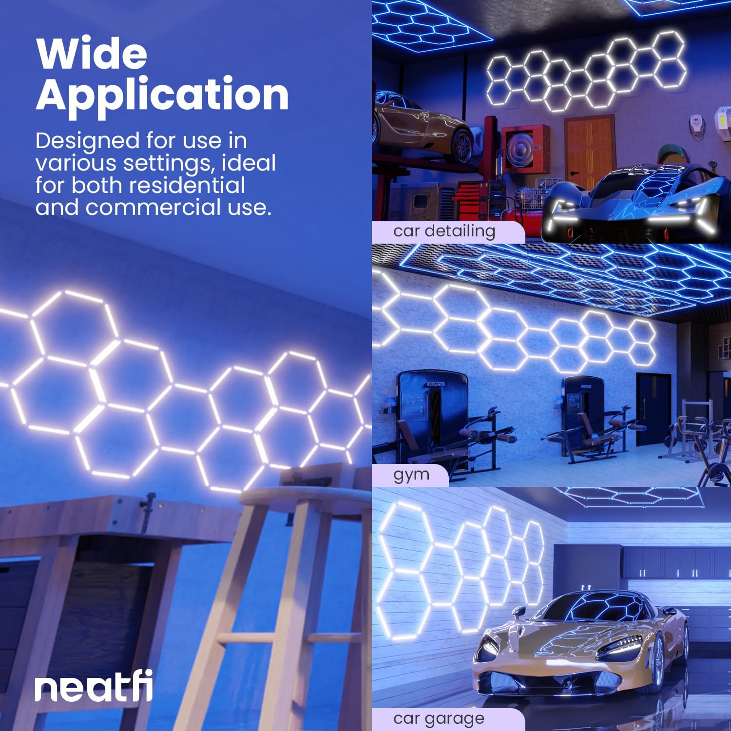 Neatfi LED Hexagon Garage Lights with 14,763 Lumens, 3 Light Modes (6900K/4300K/3000K), 133W Hexagon LED Lights for Car Detailing, Barber Shops, Basements, Beauty Salons & Gyms (5 Hex Grids, CCT)