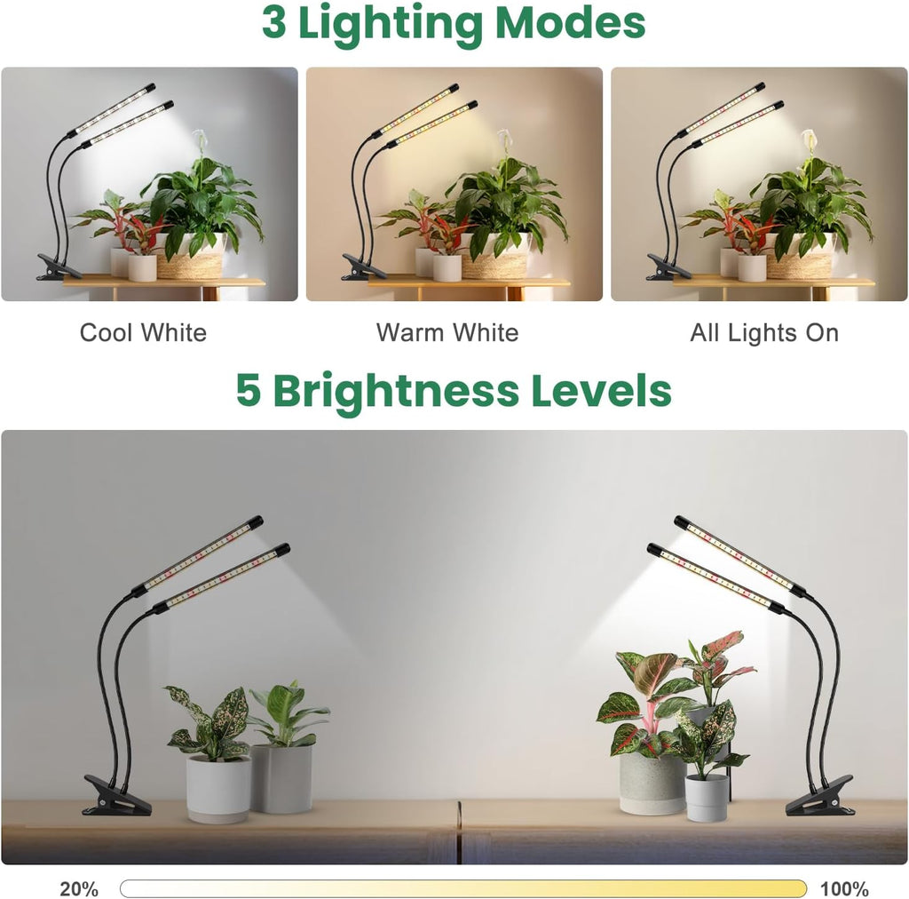 Garpsen Grow Lights, 2PCS 2 Heads Full Spectrum Plant Lights for Indoor Plants, 80 LEDs Clip Led Grow Lamp with Auto on/Off Timer Setting(6/12/16H), 5 Level Dimmable(660nm/3000K/6000K)