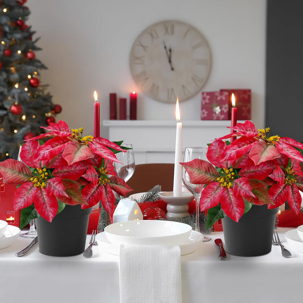 2 Pack Poinsettias Artificial Christmas Flowers Small Poinsettia Plant Artificial 9 Inch Teas Red Faux Winter Flowers for Porch Home Garden Decorations Indoor Outdoor Xmas Ornament