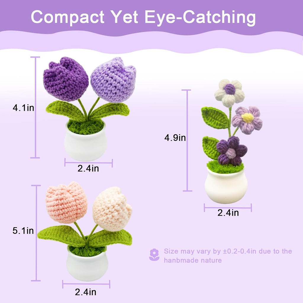 3pcs Crochet Flowers Cute Potted Flower,Mini Flower Bouquet for Mom Wife, Cute Desk Decor for Women,Artificial Handmade Flowers for Car Dashboard,Home Office Decoration (Color#5)