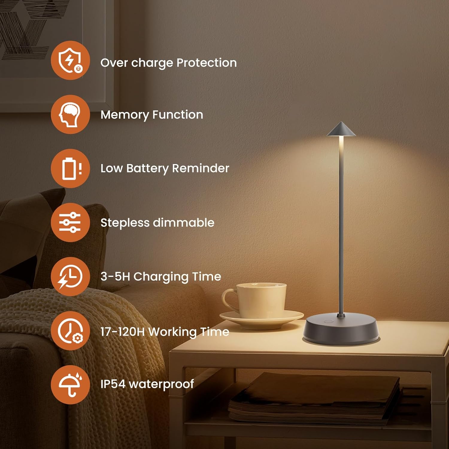 Cordless Table Lamp Rechargeable, Battery Operated 6000mAh Desk Lamp Touch Dimmable Lamp Outdoor Waterproof Portable Wireless Table Light for Dining Restaurant Bar/Outdoor (Gray)