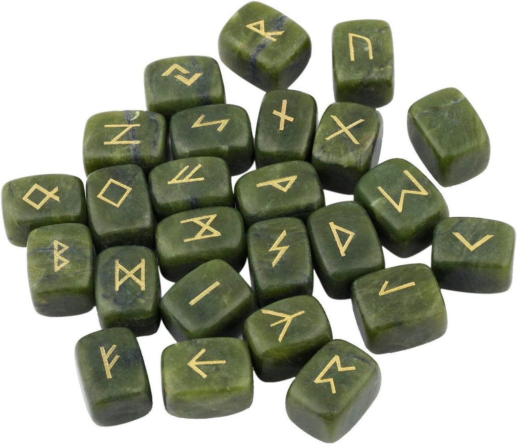rockcloud Green Jade Rune Stones Tumbled Engraved Lettering Crystal Set for Wicca Crystals Healing Chakra Reiki