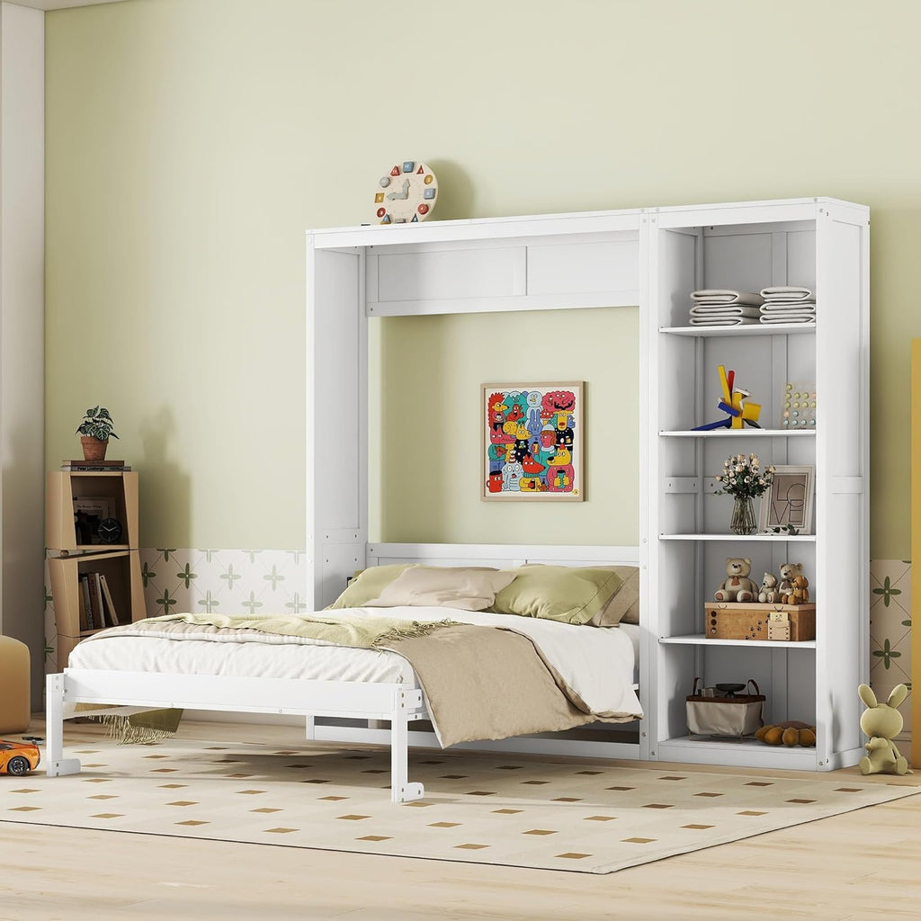 MERITLINE Queen Murphy Bed with Storage Bookcase Shelves,Wood Folding White Murphy Wall Bed Cabinet with Storage Shelves for Adults