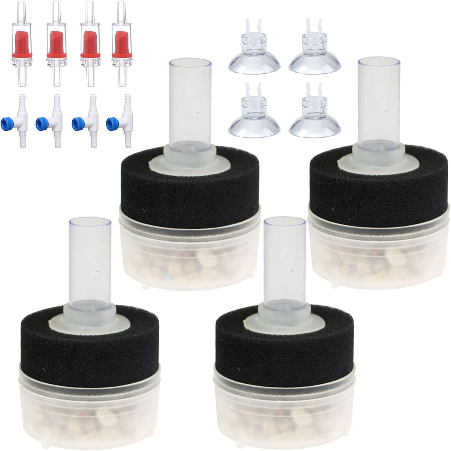 ALEGI 4pcs Small Aquarium Bio Sponge Filter with Suction Cups, Check Valves for 5 Gal, 10 Gal, 20 Gal Breeding Fry Betta Shrimp Fish Tank (Up to 5 Gallon 4 Pcs)