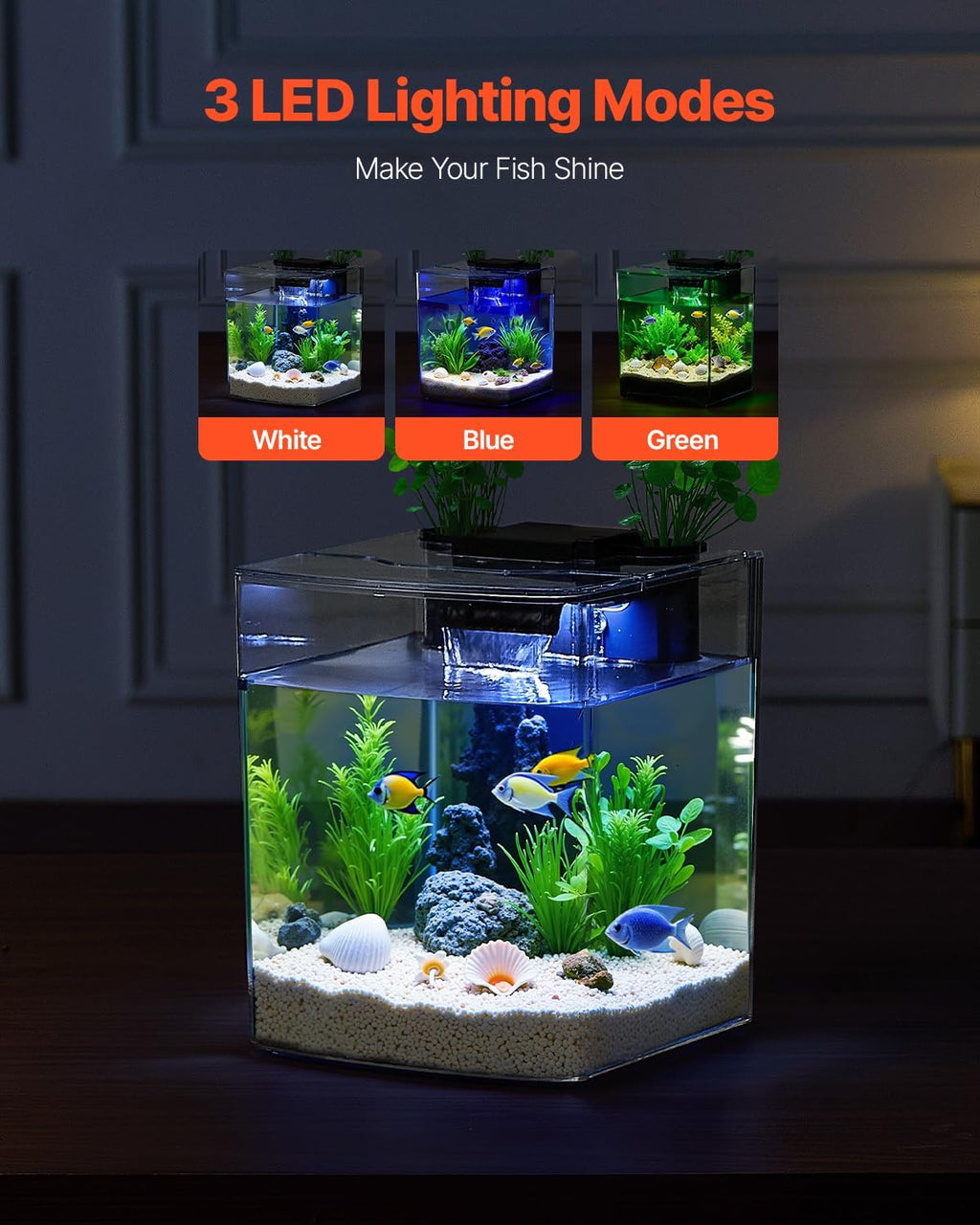VEVOR Fish Tank Aquarium, 2 Gallon Arch Ultra-Clear GPPS Starter Smart Tank Adjustable 3 Color Lighting, Self Cleaning System Fishbowl for Freshwater & Saltwater Fish Home, Office, or Pet Use
