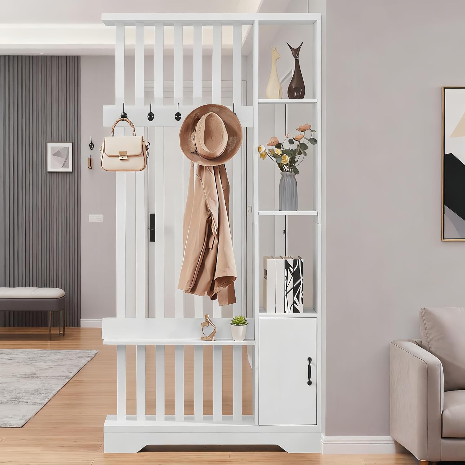Room Divider with Shelves, Wall Room Divider Bookshelf, Freestanding Wood Privacy Screen with Storage Cabinet, Coat Rack, Display Shelf for Living Room Separation, Home Office Decorative