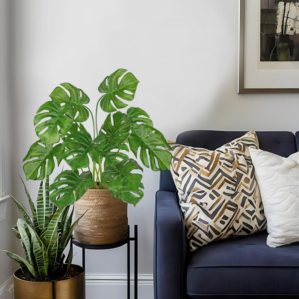 Hollyone 2PCS Artificial Monstera Plants Leaves 28.7" Fake Tropical Monstera Bush Tree Leaf Large Faux Greenery Stem Shrubs for Indoor Outdoor Home Garden Arrangement Jungle Safari Wedding Party Decor