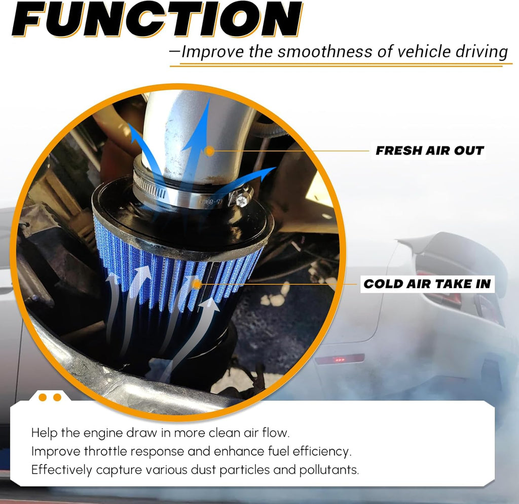 PTNHZ Universal Blue 3" 76mm High Flow Cold Air Intake Cone Air Filter Power Intake Air Inlet System Air Cleaner