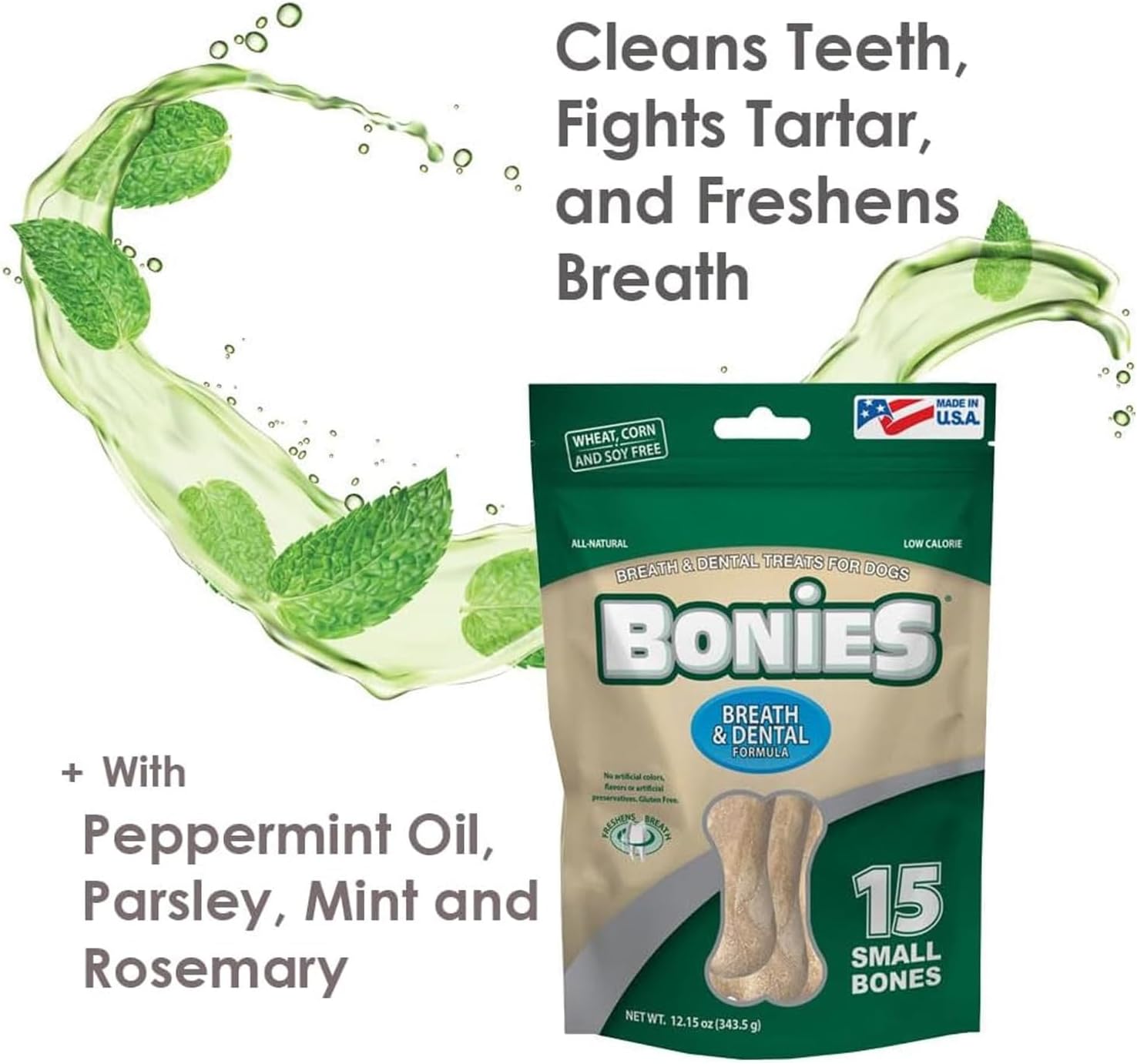 Bonies Natural Breath and Dental Formula Small-Sized Single Bone - All-Natural Ingredients, Fresh Breath, Cleans Teeth, Low Calories, Chicken Flavor, Small Dog, 1 Bone