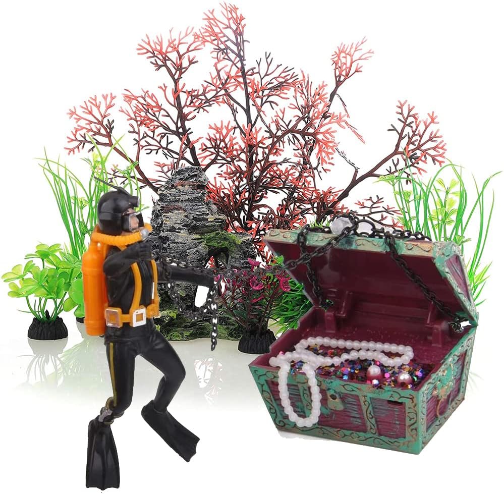 Live-Action Aquarium Ornament Undersea Treasure Chest Diver, Air Bubbler Aerating Fish Tank Decorations Black Color