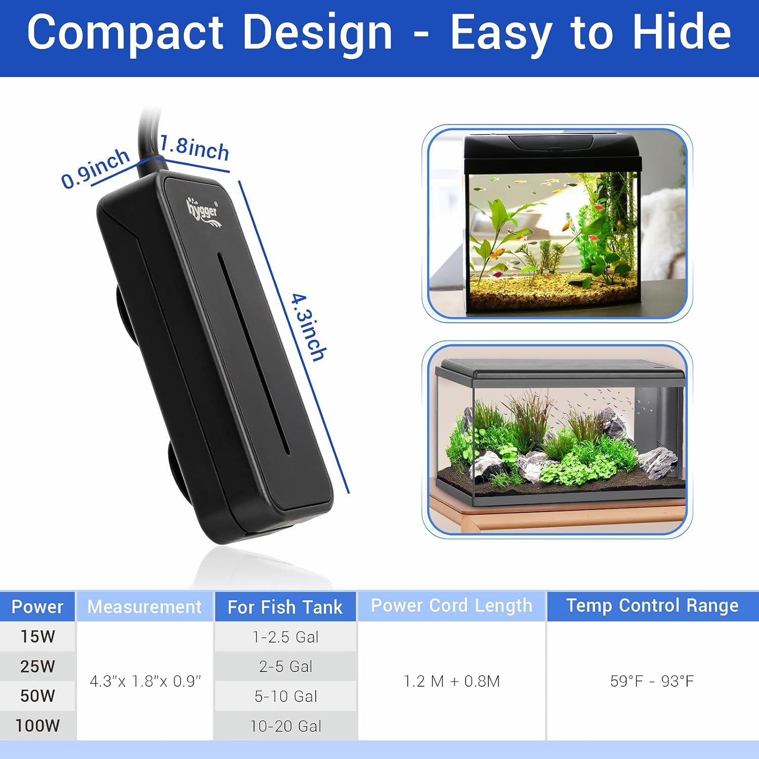 hygger Small Submersible Aquarium Heater 15W Mini Betta Fish Tank Heater with LED Display Adjustable Temperature for 1-2.5 Gallon Freshwater Saltwater Coral Reef Tanks