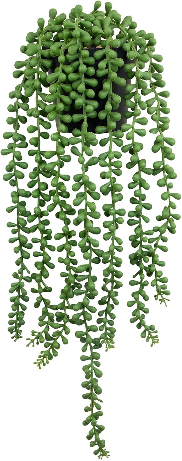 LOYWREE Fake Plants Indoor Artificial String of Pearls Plant in Black Pots, Realistic Green Faux Succulent Hanging Plants for Shelf Decor Desk Home Garden Decorations