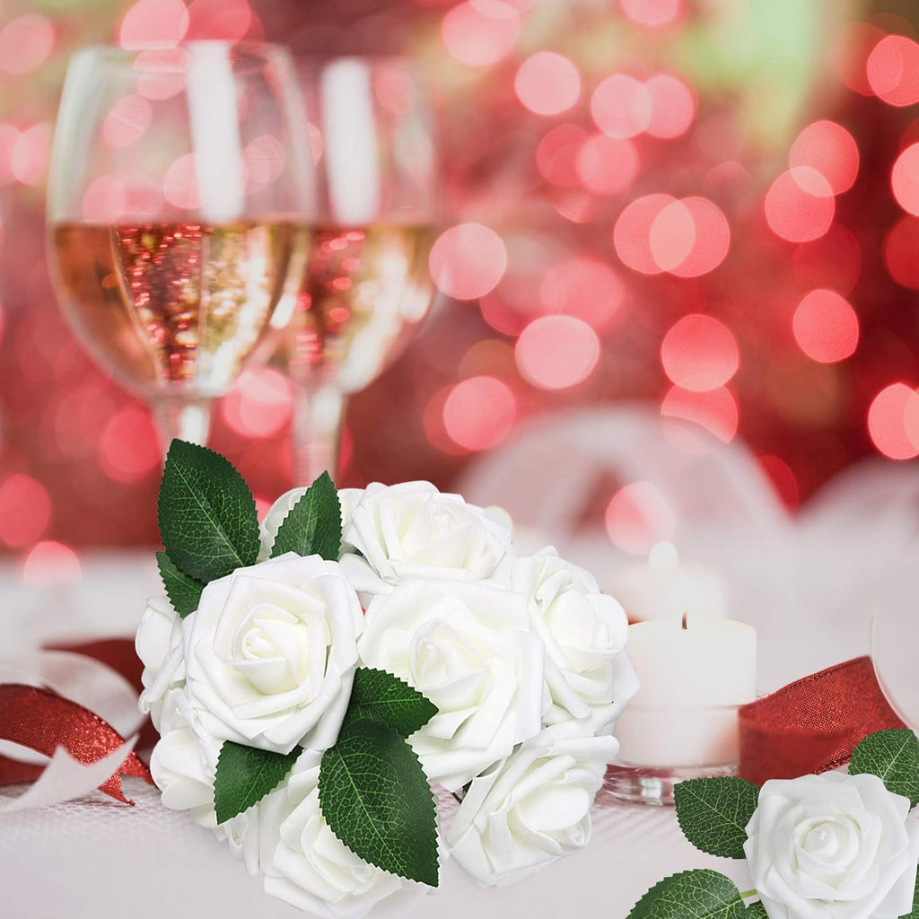 AmyHomie Artificial Flowers White Rose 100pcs Real Looking Fake Roses w/Stem for DIY Wedding Bouquets Centerpieces Arrangements Party Baby Shower Valentines Day Christmas Tree Decorations