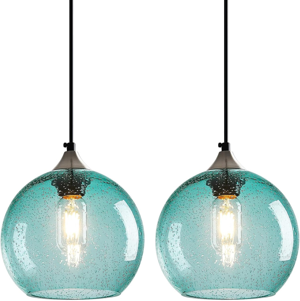 Light Blue Glass Pendant Lights Kitchen Island Lighting Globe Pendant Light Fixtures Modern Pendant Lighting for Bedroom Living Dining Room Light Fixture (7.87 in, 2 Pack)