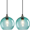 Light Blue Glass Pendant Lights Kitchen Island Lighting Globe Pendant Light Fixtures Modern Pendant Lighting for Bedroom Living Dining Room Light Fixture (7.87 in, 2 Pack)