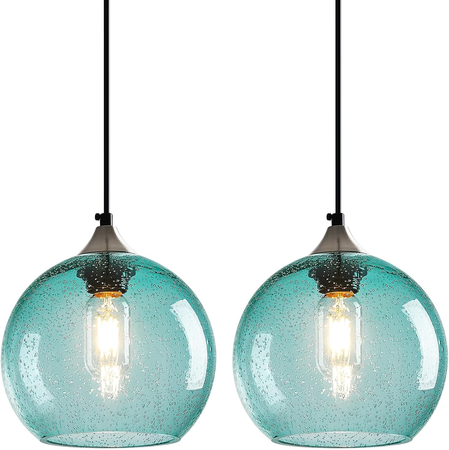 Light Blue Glass Pendant Lights Kitchen Island Lighting Globe Pendant Light Fixtures Modern Pendant Lighting for Bedroom Living Dining Room Light Fixture (7.87 in, 2 Pack)