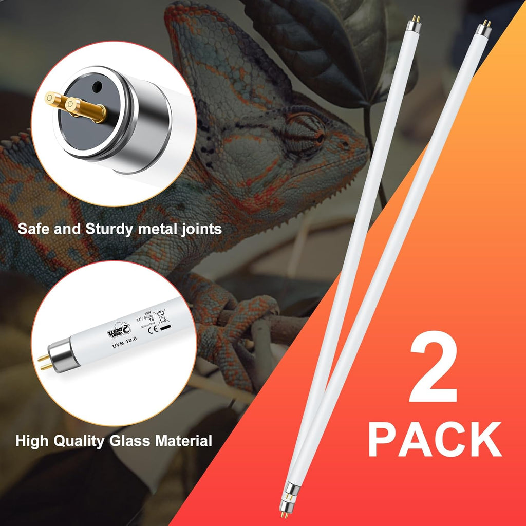 LUCKY HERP 2 Pack T5 UVB 10.0 Reptile Light 39W, UVA UVB Fluorescent Lamp Tube, UVB Lighting Bulb for Turtles, Chameleon, Tortoises, Lizard