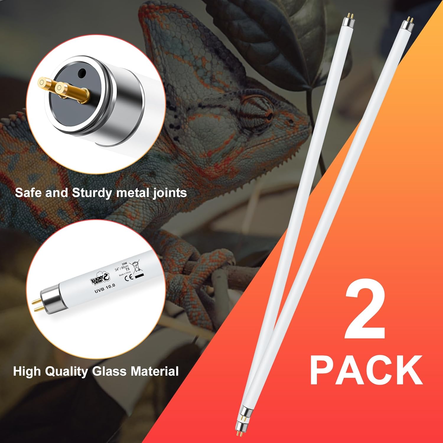 LUCKY HERP 2 Pack T5 UVB 10.0 Reptile Light 39W, UVA UVB Fluorescent Lamp Tube, UVB Lighting Bulb for Turtles, Chameleon, Tortoises, Lizard