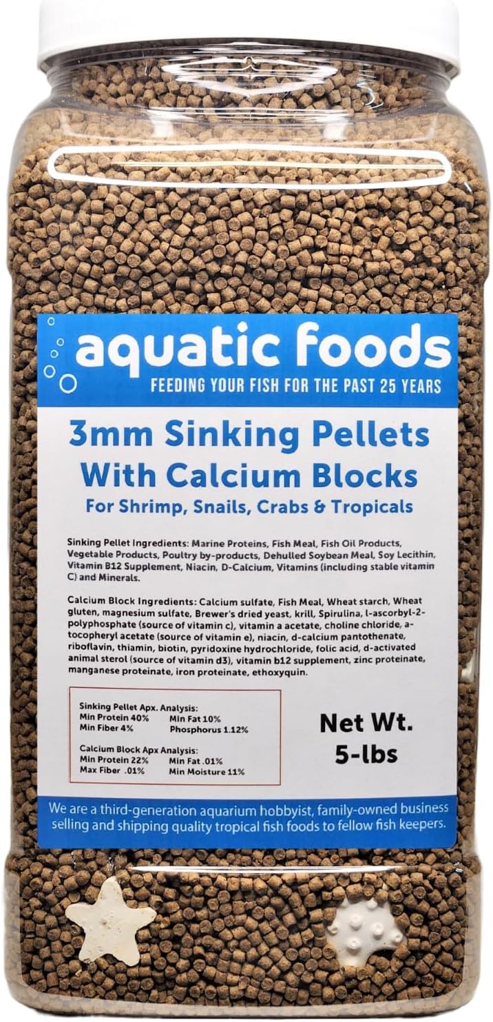 Aquatic Foods Inc. Calcium Blocks Included in These 40% Protein 3mm Sinking Pellets for Shrimp, Snails, Crabs, Catfish, Plecos for All Tropical Fish. Pellets by Zeigler…5-lb Lg Jar