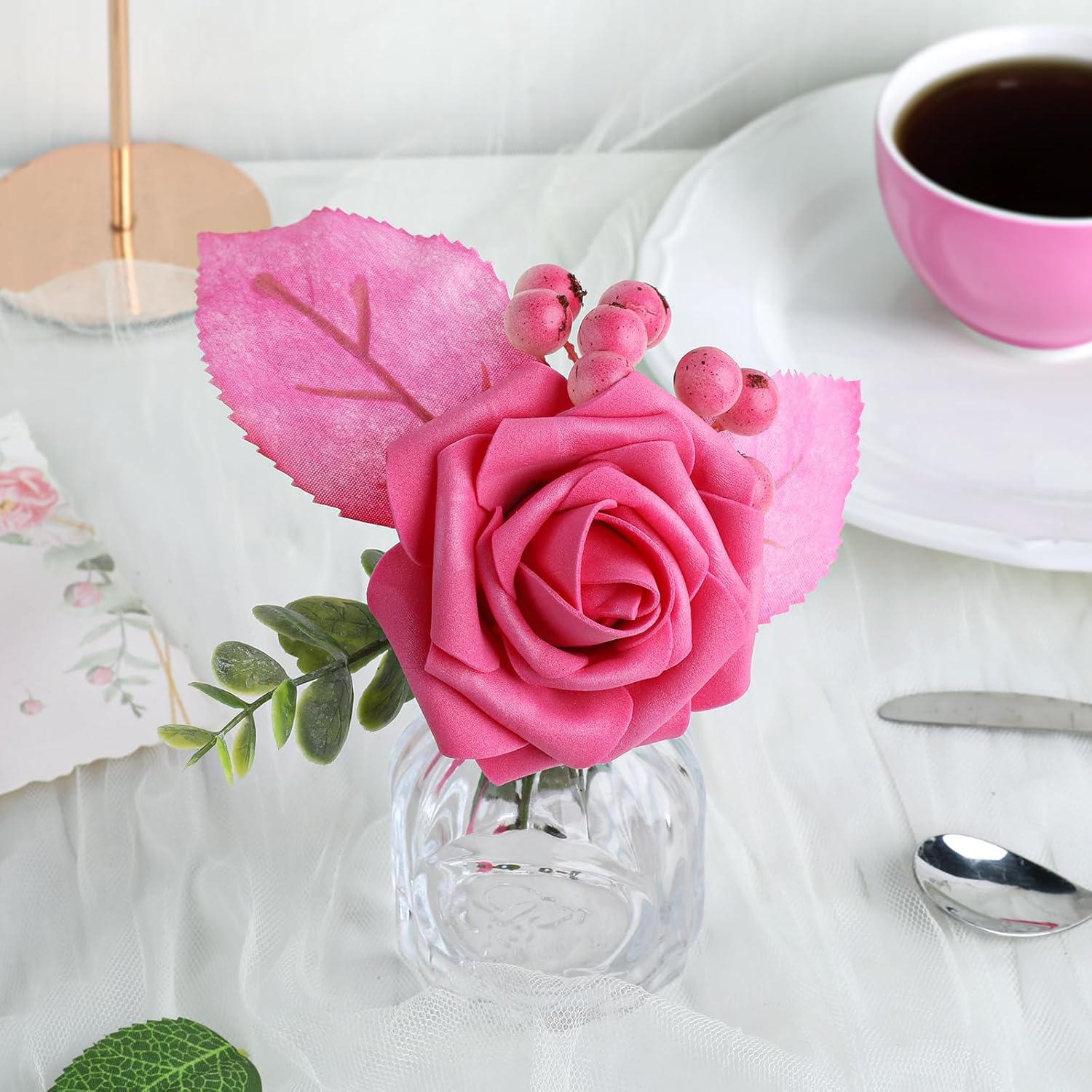 AmyHomie 25pcs Real Looking Artificial Hot Pink Roses w/Stem for DIY Wedding Bouquets Centerpieces Arrangements Party Baby Shower Valentines Day Christmas Tree Decorations