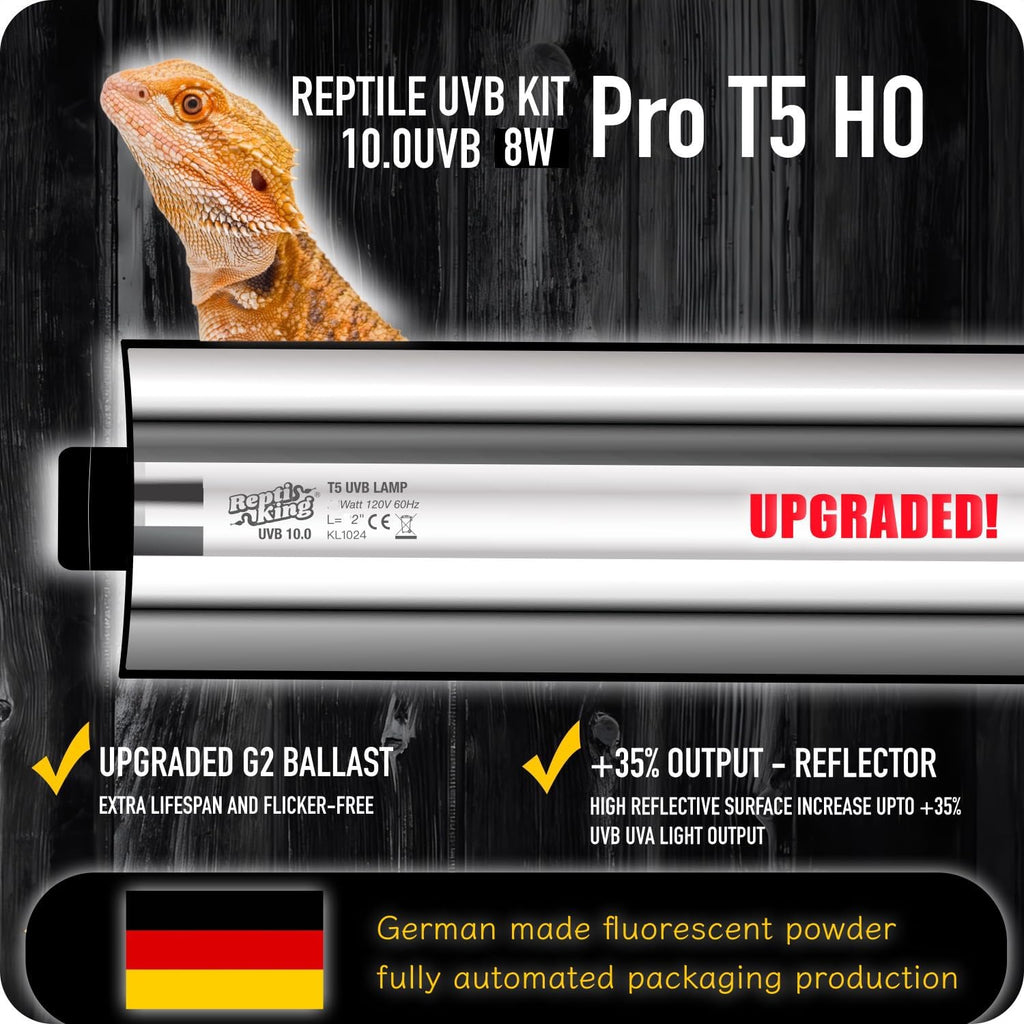 Upgraded T5 UVB Reptile Light, 10.0 UVB 8W German Made Fluorescent Lamp and Fixture Kit, for Desert-Dwelling Reptiles, Bearded Dragon,Tortoise, Snake, Strip Linear UVB Lamp Bulb