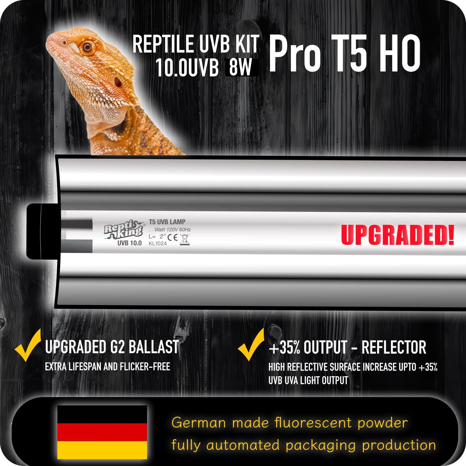 Upgraded T5 UVB Reptile Light, 10.0 UVB 8W German Made Fluorescent Lamp and Fixture Kit, for Desert-Dwelling Reptiles, Bearded Dragon,Tortoise, Snake, Strip Linear UVB Lamp Bulb