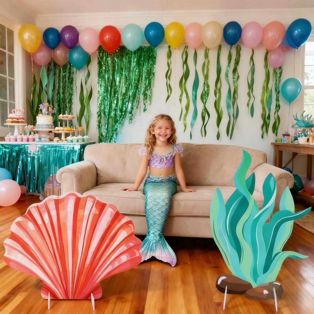 3 Pcs Large Sea Party Stand Decor, Under The Sea Sign Stand Party Decorations Set Mermaid Tail Seaweed with Brackets for Ocean Mermaid Theme Birthday Photography Props Decor