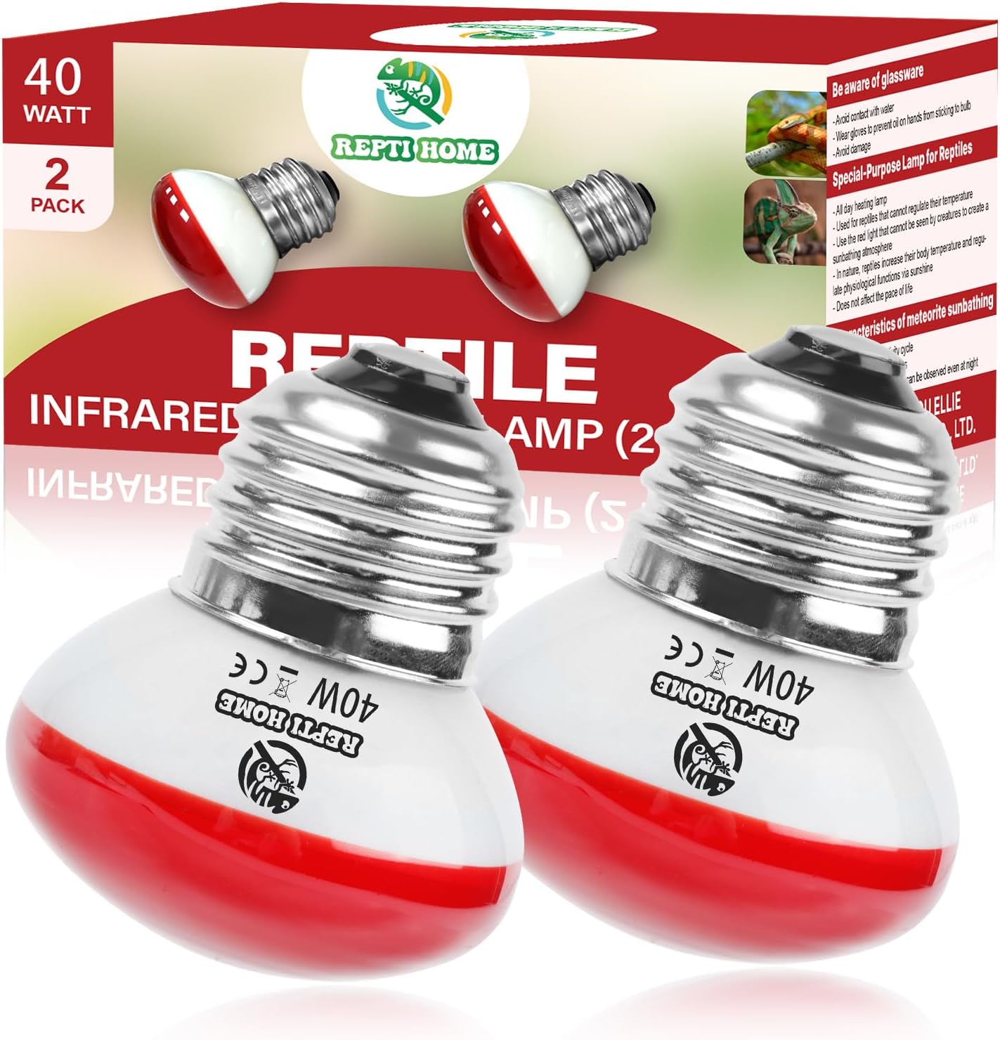 Infrared Reptile Heat Lamp, UVA Red Heat Light Bulb 40W, 2 Pack Reptile Heat Bulb, Infrared Basking Spot Light for Snake, Leopard Gecko, Turtle, Lizard
