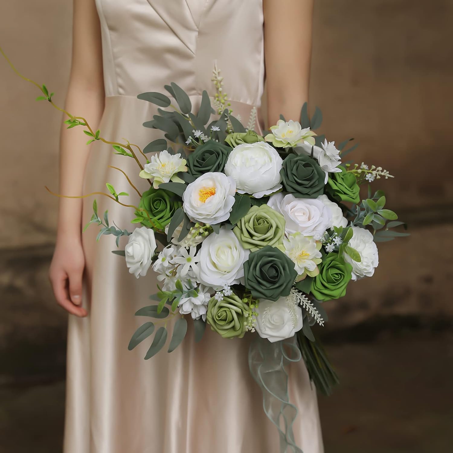 YYHUAWU Artificial Flowers Combo Box Set Forest Green Color Foam Fake Roses with Stems for DIY Wedding Bouquets Centerpieces Baby Shower Party Home Decorations