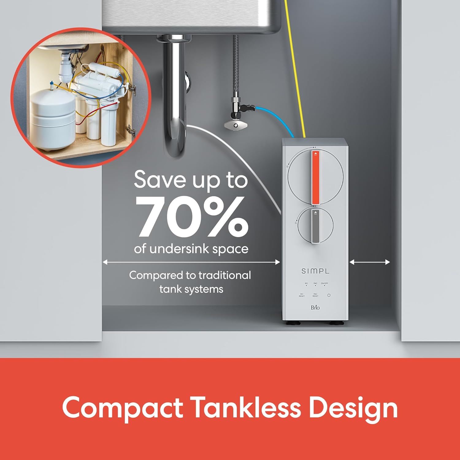 Brio SIMPL Reverse Osmosis Tankless Water Filter System for Clean Drinking Water | 4-Stage Undersink 0.0001 Micron RO Filtration | Reduces PFAS, Dirt, Rust, Chlorine, VOCs & Heavy Metals | 800 GPD