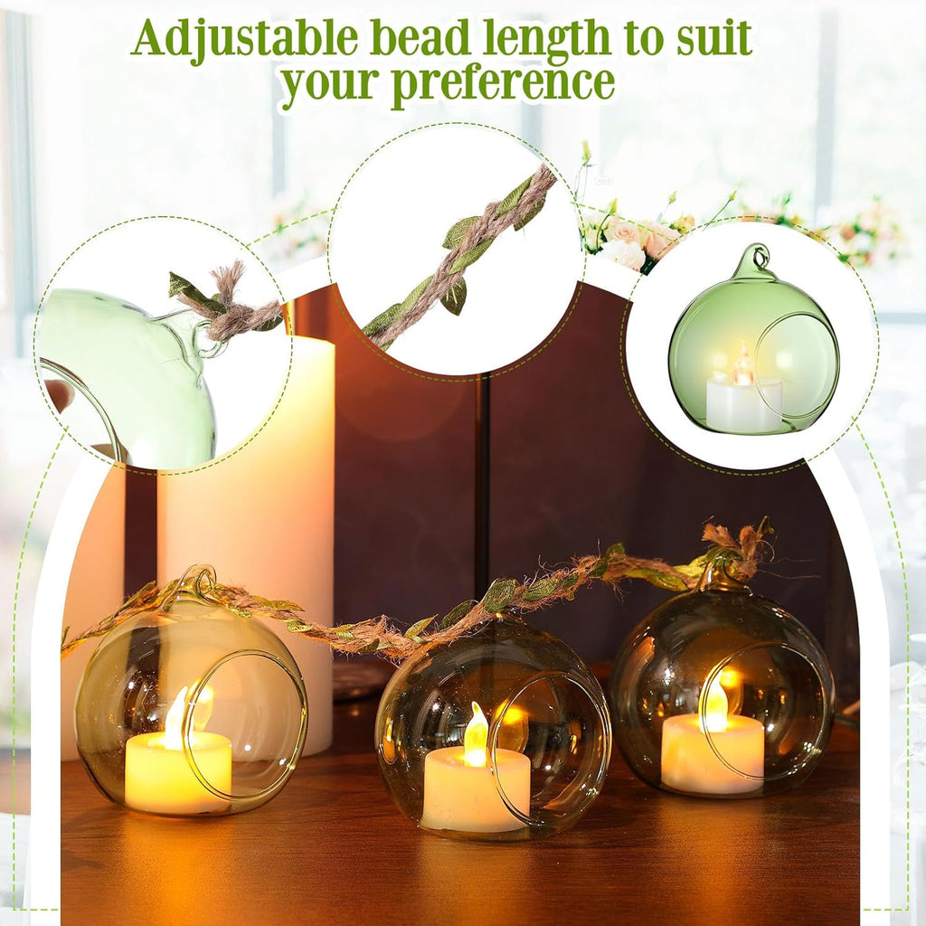 3.15'' Hanging Glass Tealight Holder Globe and 33ft 5mm Natural Jute Twine Ribbon with Artificial Leaves for Crafts, Hanging Glass Terrarium Containers for Wedding Party Tree Decoration