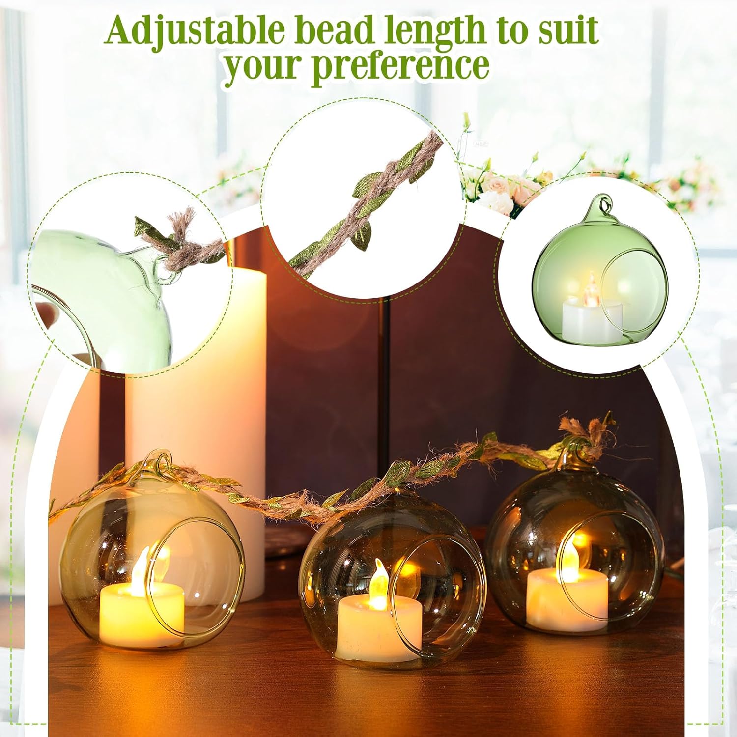 3.15'' Hanging Glass Tealight Holder Globe and 33ft 5mm Natural Jute Twine Ribbon with Artificial Leaves for Crafts, Hanging Glass Terrarium Containers for Wedding Party Tree Decoration