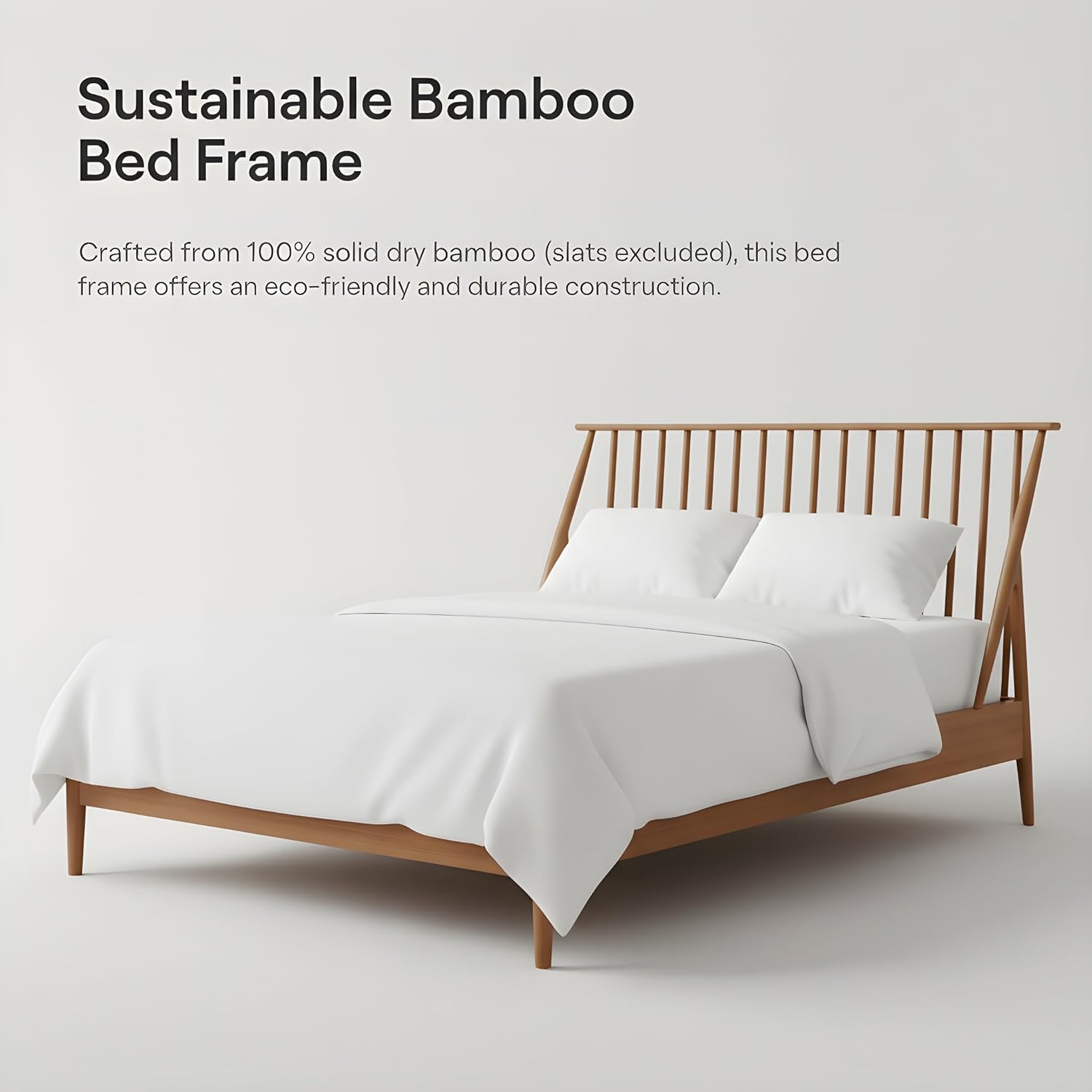 Merax Queen Size Bamboo Wood Bed Frame with 46.5" Tall Headboard, Bohemian Spindle Platform Bed with Wood Slat, Heavy Duty Steel Center Beam for Support, Under Bed Storage, No Box Spring Needed, Brown