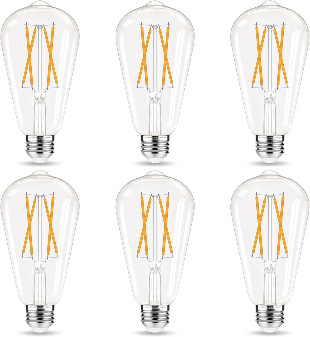 LED Edison Bulbs Dimmable, E26 Bulb 60 watt Equivalent, Soft White 2700K, ST58 Vintage Light Bulbs, 90+ CRI, 6W 600LM, E26 Base, Clear Glass, 6 Pack