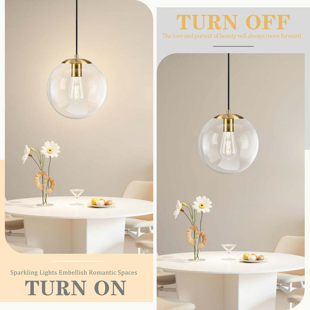 KoKo&Yukina 10" Globe Pendant Light Gold Plug in Pendant Light Adjustable Hanging Lights with Plug in Cord Brushed Gold Finished with Clear Glass Lampshade for Bedroom Kitchen Island（Bulb Included）