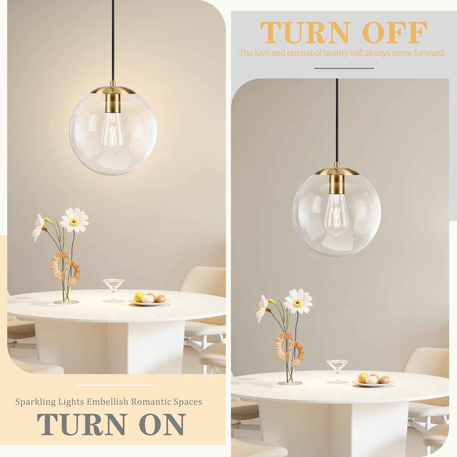 KoKo&Yukina 10" Globe Pendant Light Gold Plug in Pendant Light Adjustable Hanging Lights with Plug in Cord Brushed Gold Finished with Clear Glass Lampshade for Bedroom Kitchen Island（Bulb Included）