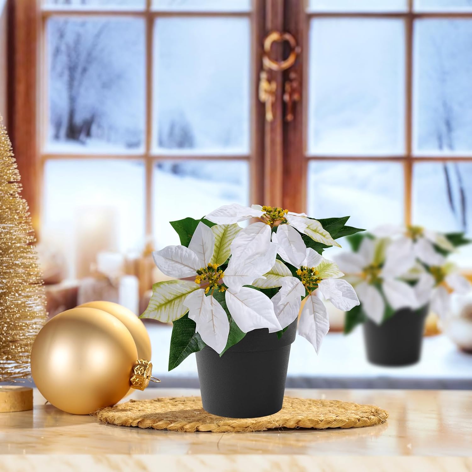 Poinsettias Artificial Christmas Flowers Tabletop 2 Pack Small Poinsettia Plant Artificial 9 Inch Faux Winter Flowers for Xmas Ornament Porch Home Garden Decorations(Cream)