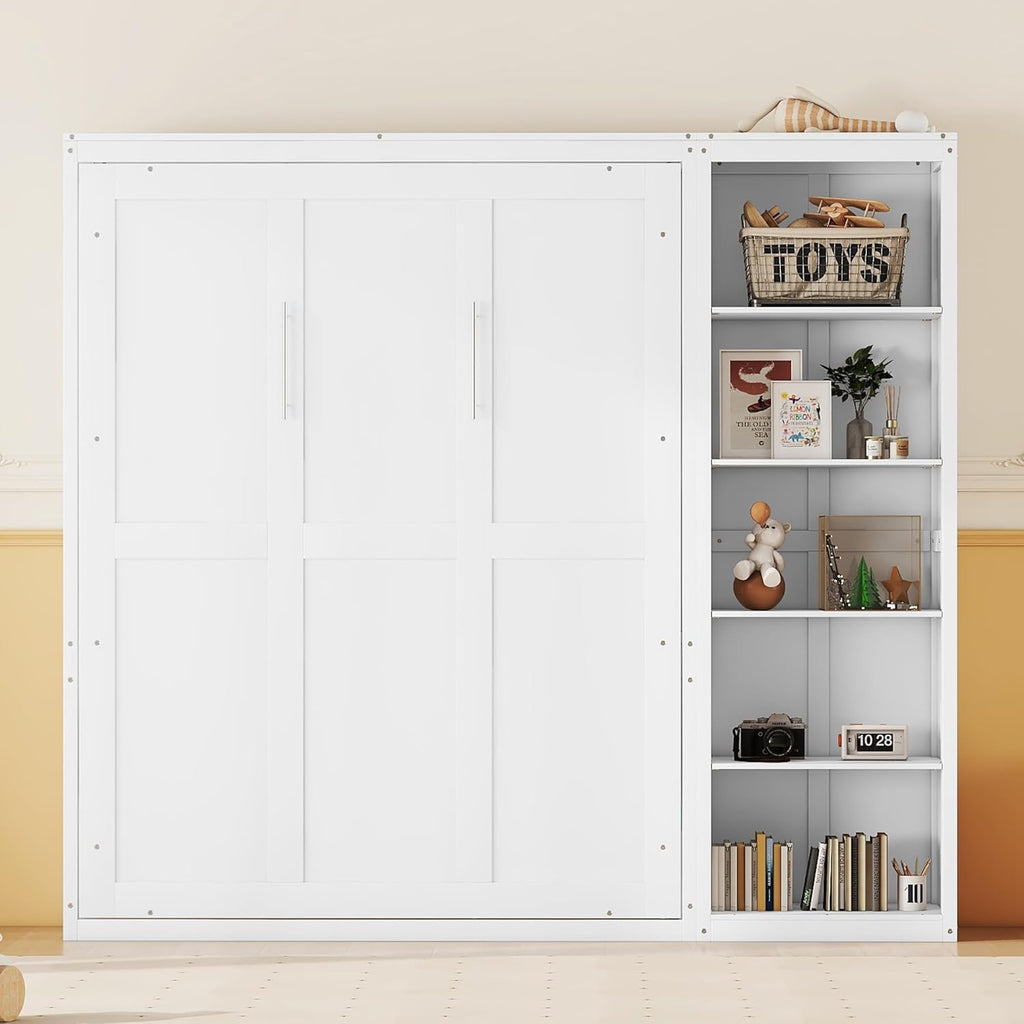 MERITLINE Full Murphy Bed with Storage Bookcase Shelves,Wood Folding White Murphy Wall Bed Cabinet