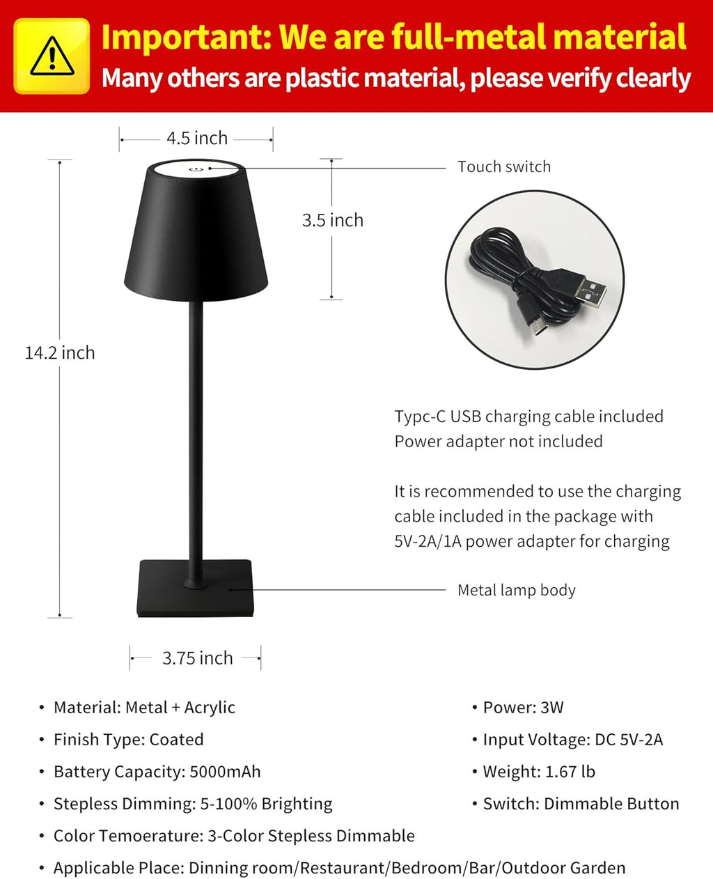 KDG 2 Pack Cordless Table Lamp, Portable LED Desk Lamps, 5000mAh Battery Operated, 3 Color Stepless Dimming Up, for Restaurant, Bedroom, Outdoor Camping, Coffee Shop, Night Light, Rechargeable (Black)