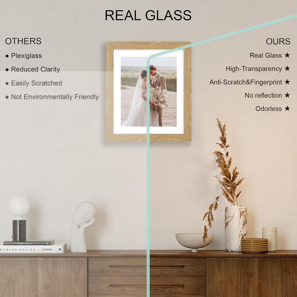 10x12 Picture Frame Set of 4, Made of Real Glass and Natural Oak Frame - Display Picture 8x10 with Mat or 10x12 Without Mat, 10 by 12 Photo for Wall Mounting