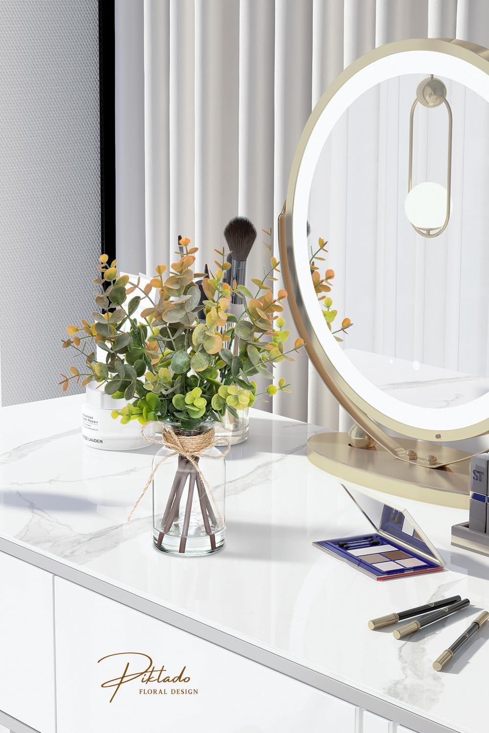 Artificial Eucalyptus Stems in Vase with Faux Water,Fake Plants for Bathroom,Coffee Table,Green Leaves for Centerpiece,Faux Greenery Plants Decorations.(Eucalyptus-Greyish Orange)