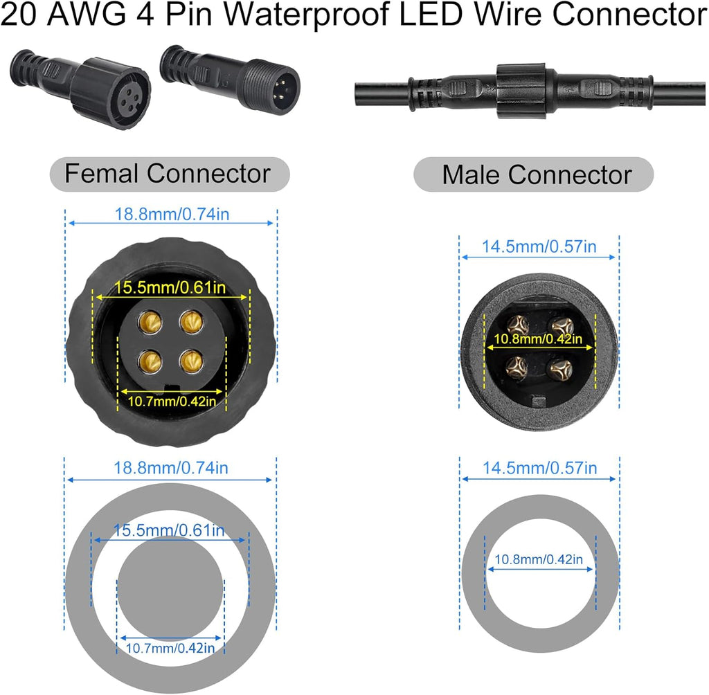 MAD OWL 4-Pin Waterproof LED Wire Connector Kit, 20 AWG 11inch/28cm Male Female Connectors with Tin Plated Joint for Various Waterproof Wires DIY (4 Set Black)