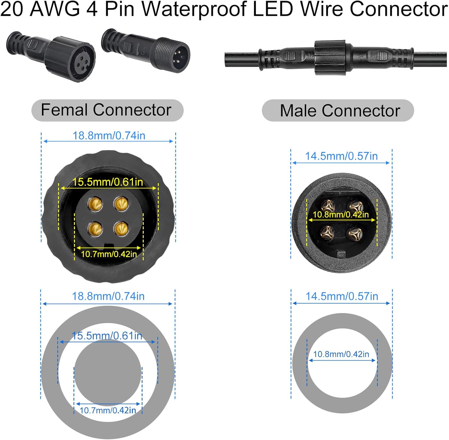 MAD OWL 4-Pin Waterproof LED Wire Connector Kit, 20 AWG 11inch/28cm Male Female Connectors with Tin Plated Joint for Various Waterproof Wires DIY (4 Set Black)