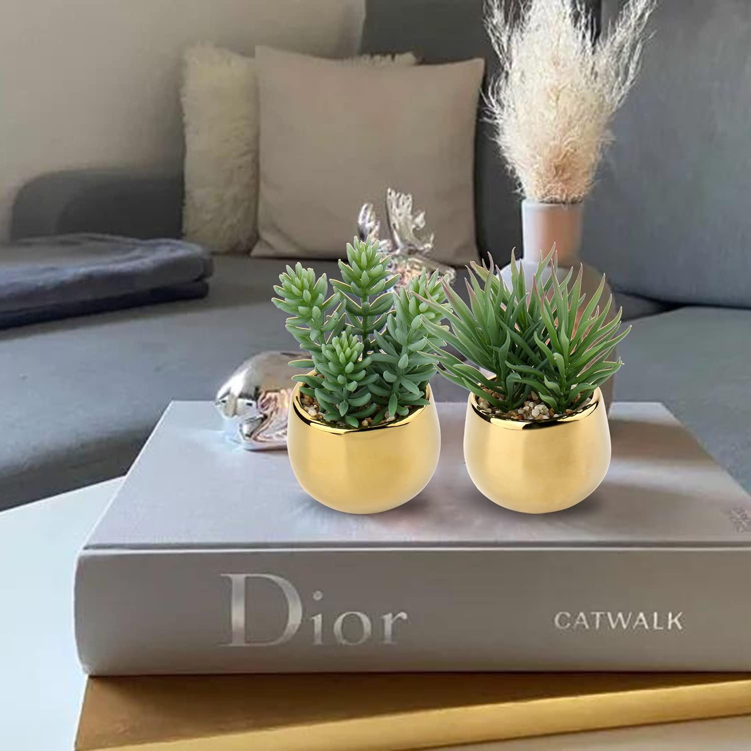 Briful Small Artificial Succulents in Pots Set of 2 Realistic Faux Succulents Plants with Gold Ceramic Pots Cute Mini Fake Plants Decor for Modern Home Table Office Desk Bathroom Shelf Decoration