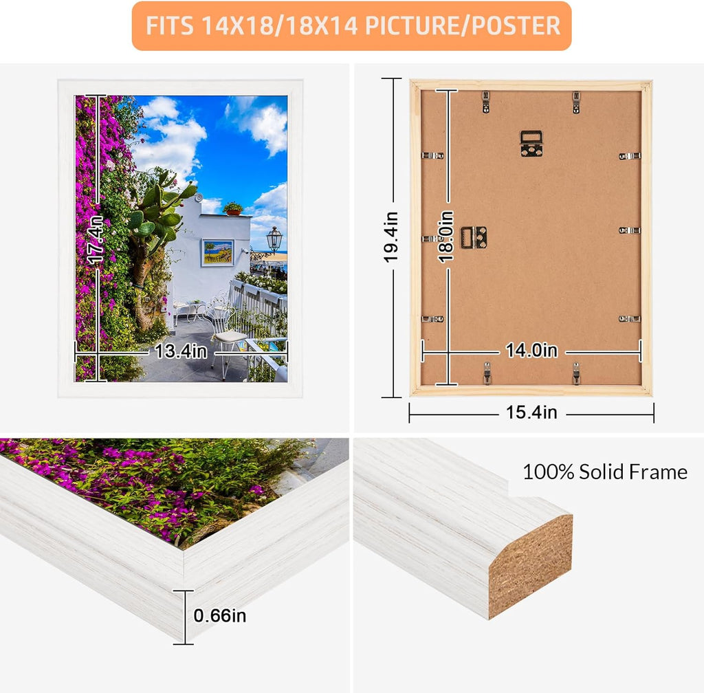 14x18 Wood Frame White, Modern Natural Woodgrain 18x14in Picture Frame, Rustic Wooden 14 x 18 inch Gallery Wall Photo Poster Frame with HD Plexiglass, Horizontal Vertical Wall Mounting Display 1pcs