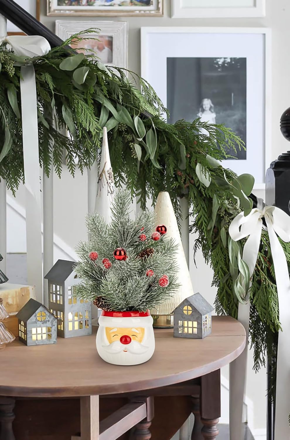 Small Christmas Tree Tabletop Snowman Potted Plants with Vase 11" Artificial Mini Xmas Tree Decorations Pine Needles Plant with Christmas Ball Ornaments Berries Pine Cones Slim Tree Party Home Decor